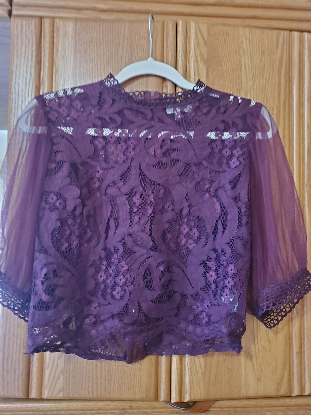 Peach Couture Plum Lace Overlay Top with Sheer Sleeves